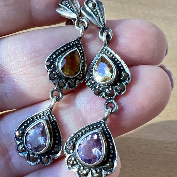 VINTAGE 925 STERLING SILVER AMETHYST CITRINE MARCASITE LONG DANGLE